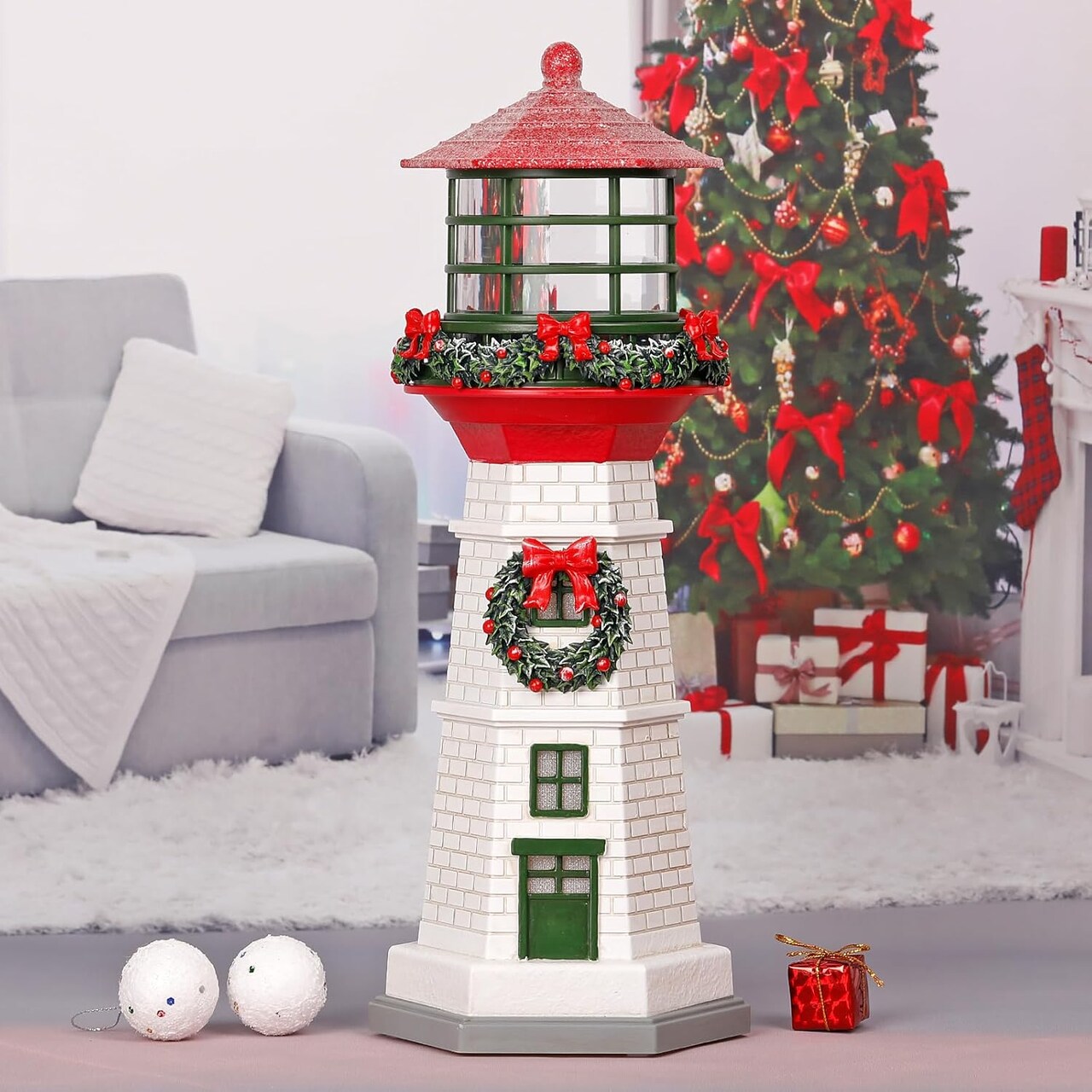 13.6" Christmas Lighthouse Snow Globe, Musical Lighted Glitter Christmas Snow Globes, Christmas Decorations USB and Battery Operated Lantern with Music, Christmas Decor for Home,Red Roof